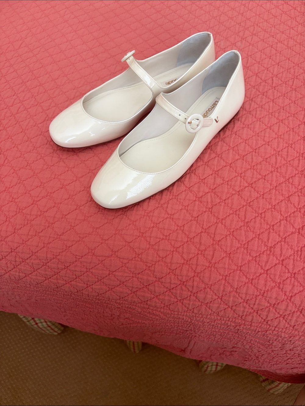 Larroude Ivory Patent Mary Jane Flats with Ankle Strap